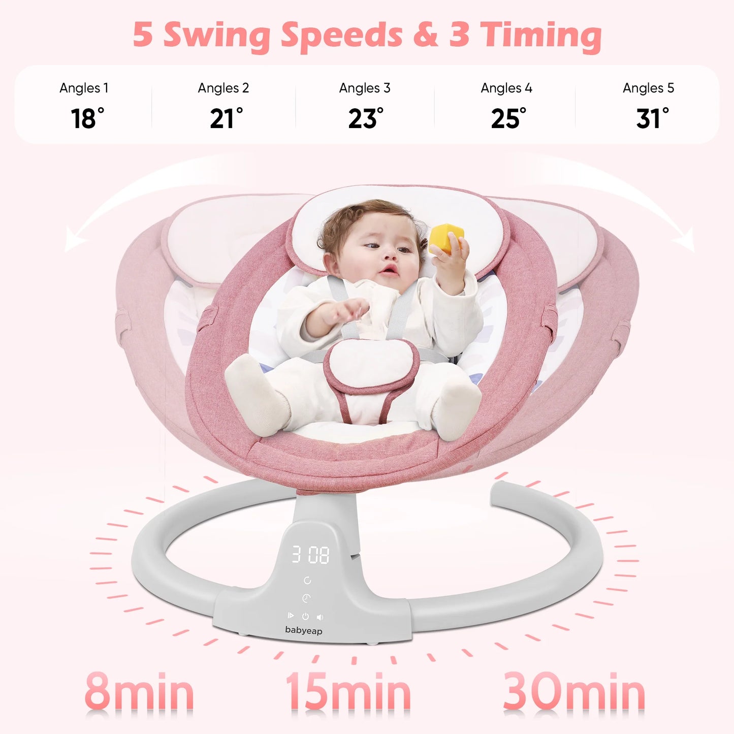Baby Swing for Infants - APP Remote Bluetooth Control, 5 Speed Settings, 10 Lullabies, USB Plug (Pink)