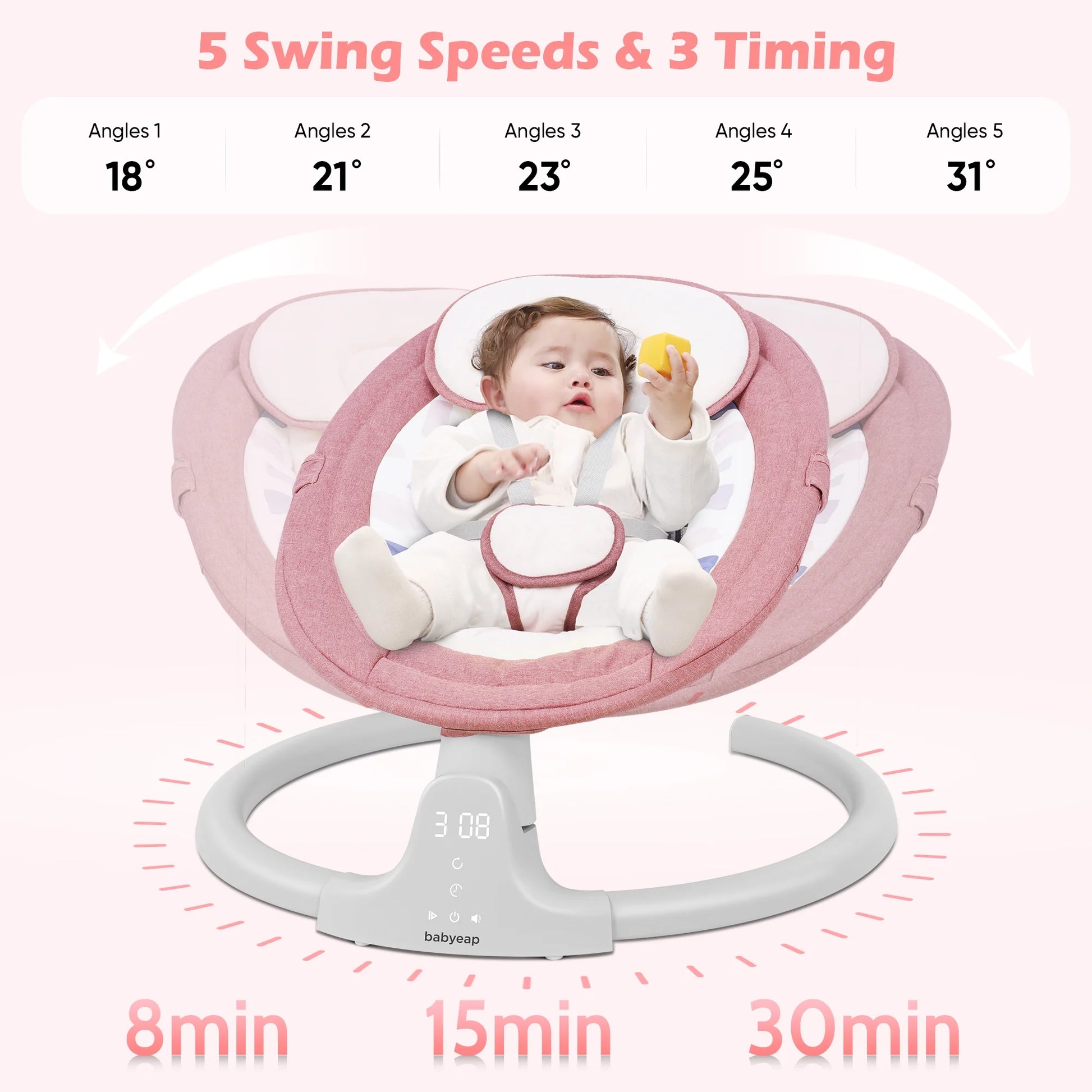 Baby Swing for Infants - APP Remote Bluetooth Control, 5 Speed Settings, 10 Lullabies, USB Plug (Pink)