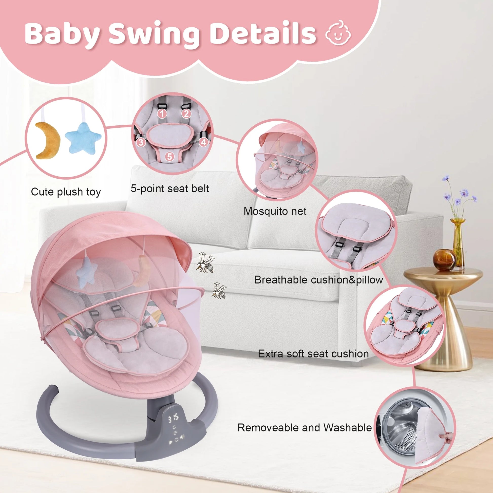 Baby Swing, Baby Swing for Infants,Portable Electric Baby Rocker with 5 Sway Speed,10 Preset Songs,Remote Control,Bluetooth Music,Pink