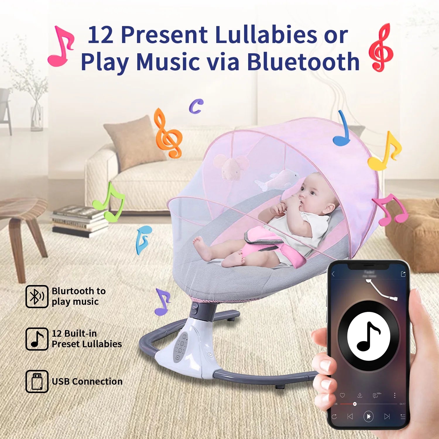 Electric Baby Swing, Infant Bouncer Chair with Remote Control, Bluetooth Music, 12 Lullabies, 4 Speeds, 4 Timing Set, Unisex, Pink