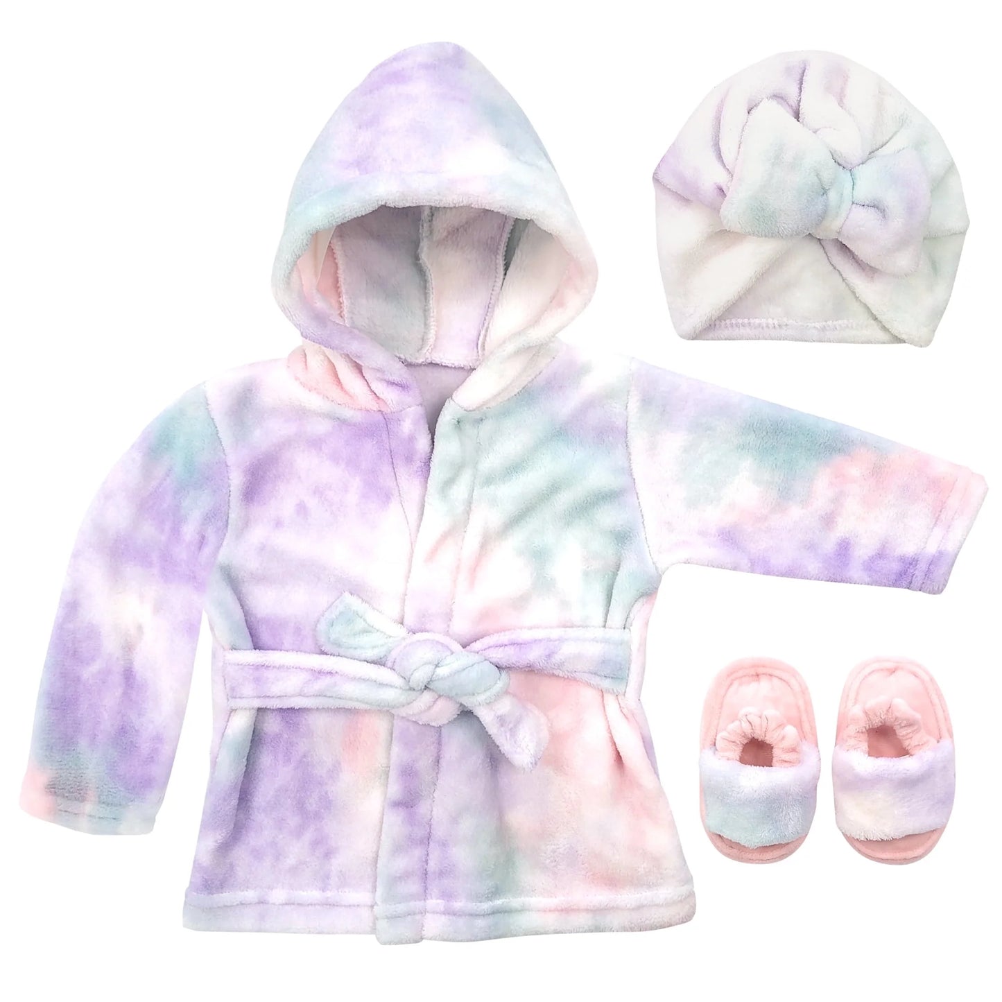 Toddler Bathrobe Set, 0-9 Months, Girls Bathrobe with Slippers & Turban, Toddler Bathrobe Plush Baby Robe, Tie Dye