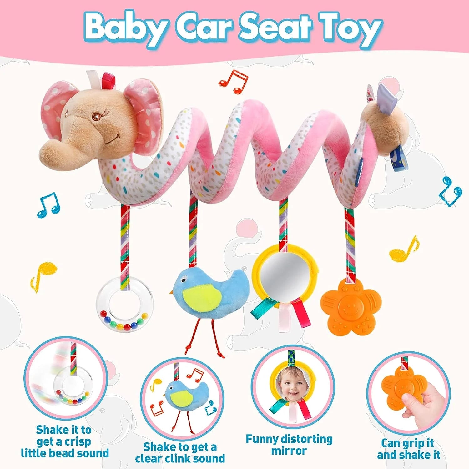 Baby Car Seat Toys, Stroller Toys, Crib Toys, Infant Baby Spiral Activity Hanging Toys 0-6 Months, Baby Toys 6-12 Months, Pink Elephant