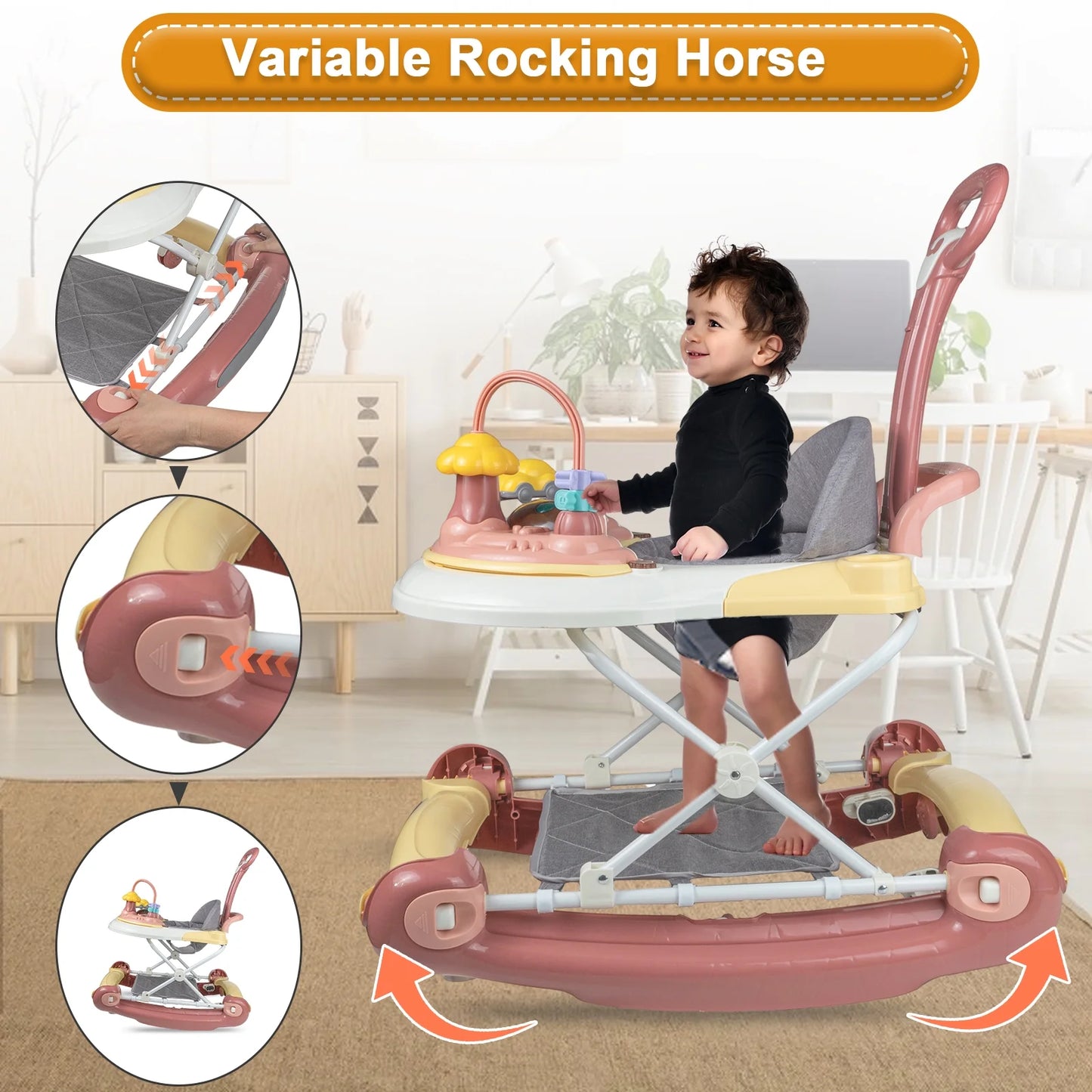 5-In-1 Baby Walker with Wheels,Infant Toddler Walkers Bouncer for Boys Girls,Pink