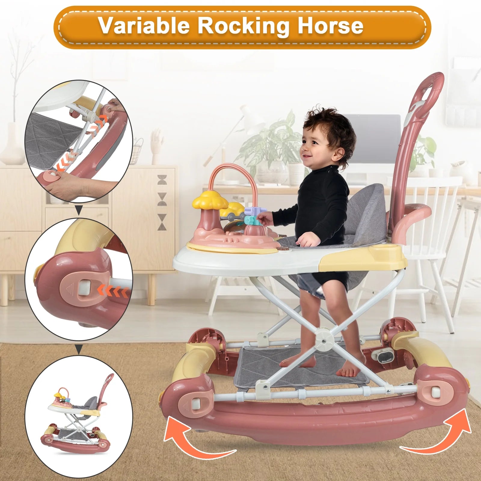 5-In-1 Baby Walker with Wheels,Infant Toddler Walkers Bouncer for Boys Girls,Pink