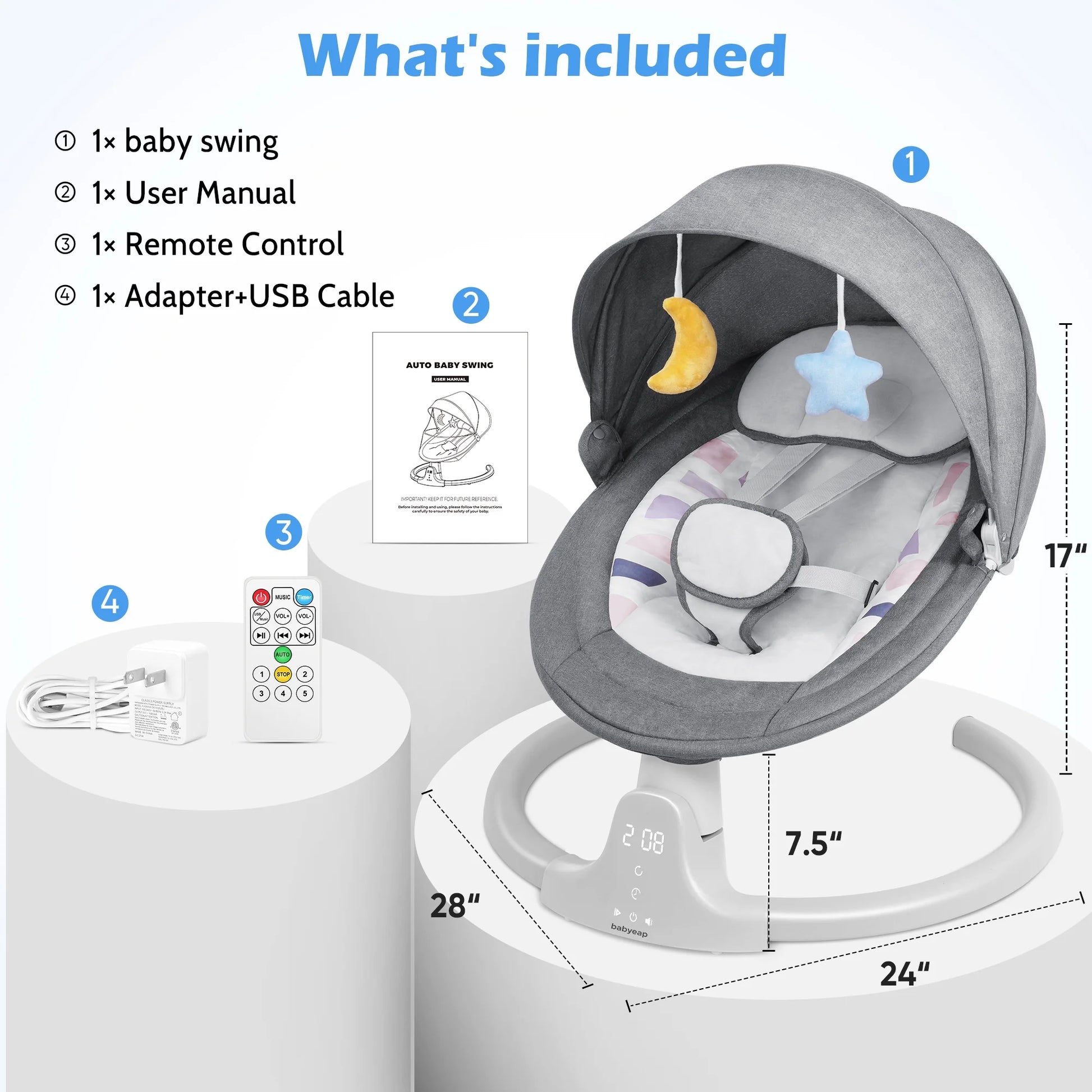 Baby Swing for Infants - APP Remote Bluetooth Control, 5 Speed Settings, 10 Lullabies, USB Plug (Gray)