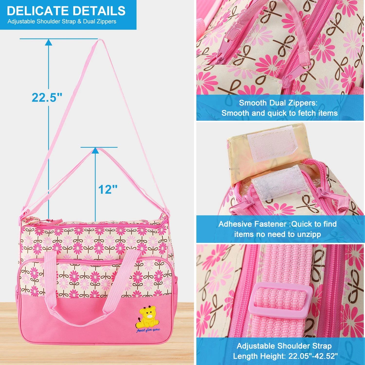 5Pcs Mummy Diaper Tote Baby Bags Set Dad Diaper Shoulder Bags with Nappy Changing Pad Pockets Travel Tote Bags Pink